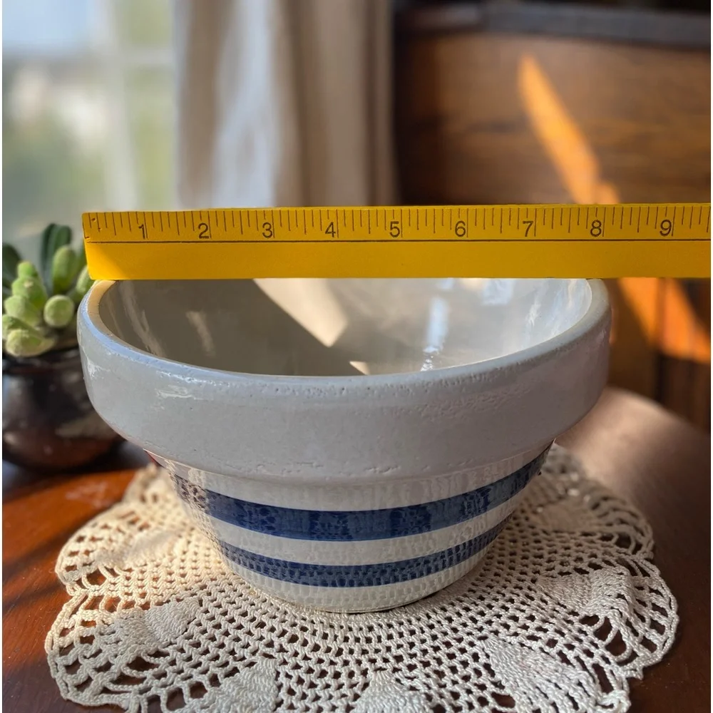 Vintage RRP Roseville Ohio Beige Blue Band 8”x5.5” Stoneware Mixing Bowl